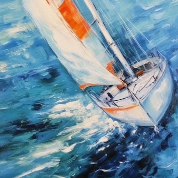 Картина парусной лодки в океане с красным парусом