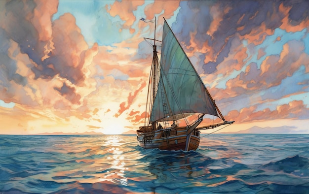 A painting of a sailboat on the ocean with the sun setting behind it.