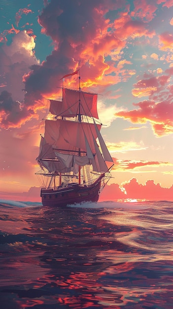 Картина парусной лодки, плавающей в океане при заходе солнца