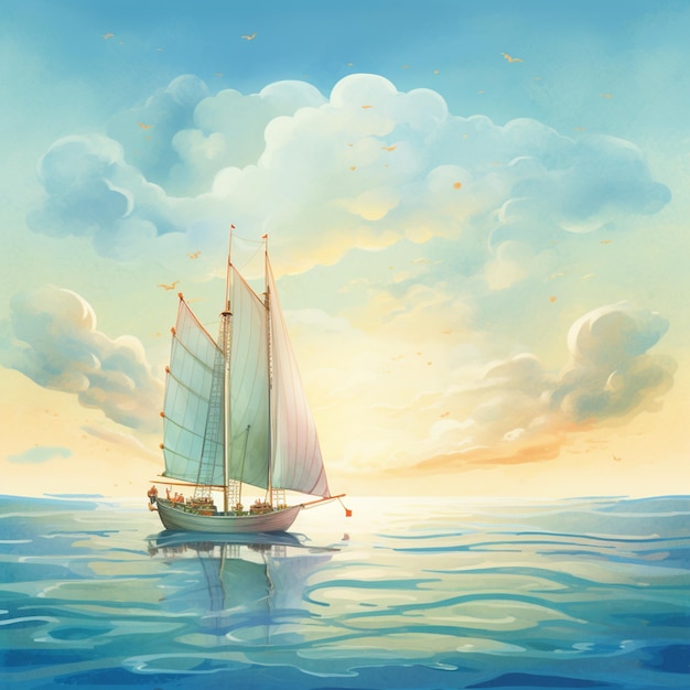 夕暮れの海を航海する帆船の絵