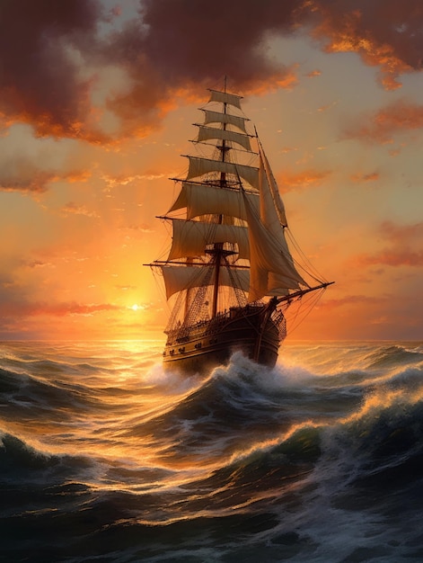 Painting of a sailboat sailing in the ocean at sunset generative ai