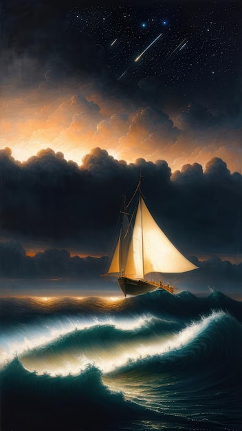 A painting of a sailboat in the storm