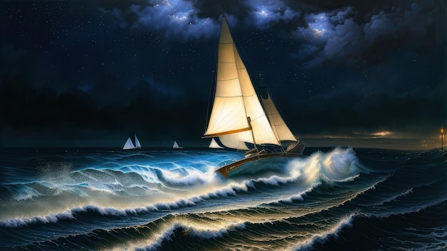 A painting of a sailboat in a stormy sea