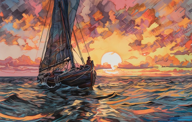 A painting of a sailboat at sunset
