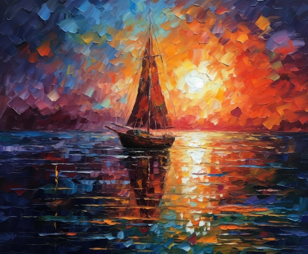 A painting of a sailboat on the water with the sun setting behind it.