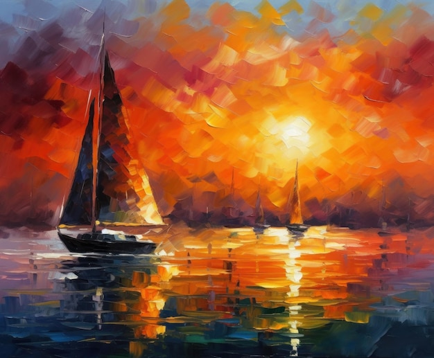 A painting of a sailboat on the water with the sun setting behind it.