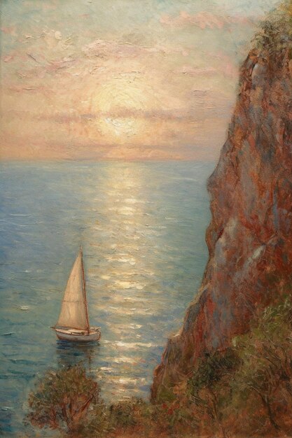 A painting of a sailboat on the water with the sun setting behind it.