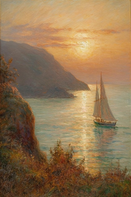 A painting of a sailboat on the water with the sun setting behind it.