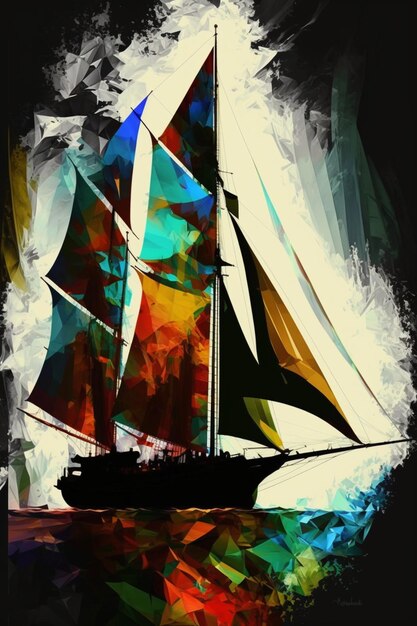 Photo painting of a sailboat with colorful sails in the ocean generative ai