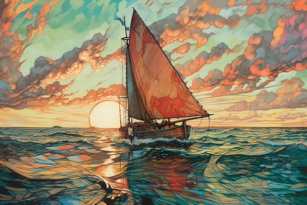 A painting of a sailboat with a red sail on the water.