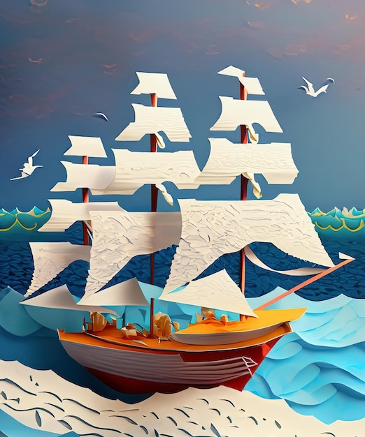 A painting of a sailboat with a sail and seagulls flying in the background