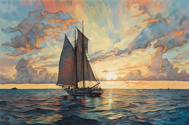 A painting of a sailboat with the sun setting behind it.
