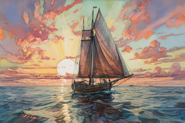 A painting of a sailboat with the sun setting behind it.