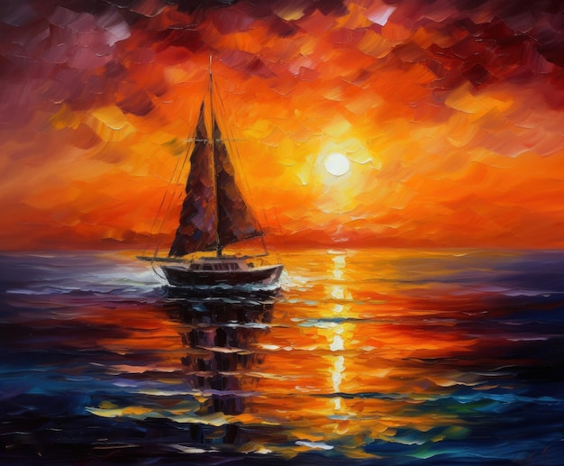 A painting of a sailboat with the sun setting behind it.