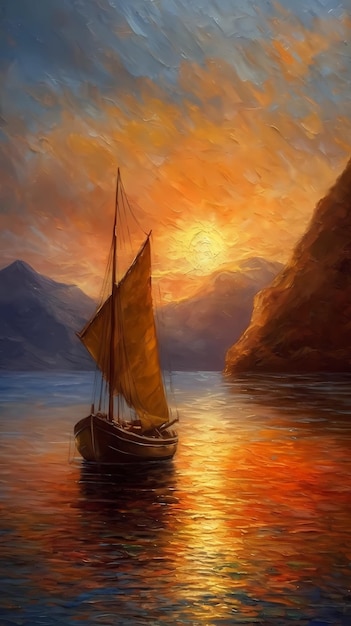 A painting of a sailboat with a sunset in the background