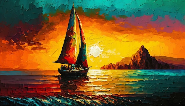 A painting of a sailboat with a sunset in the background.