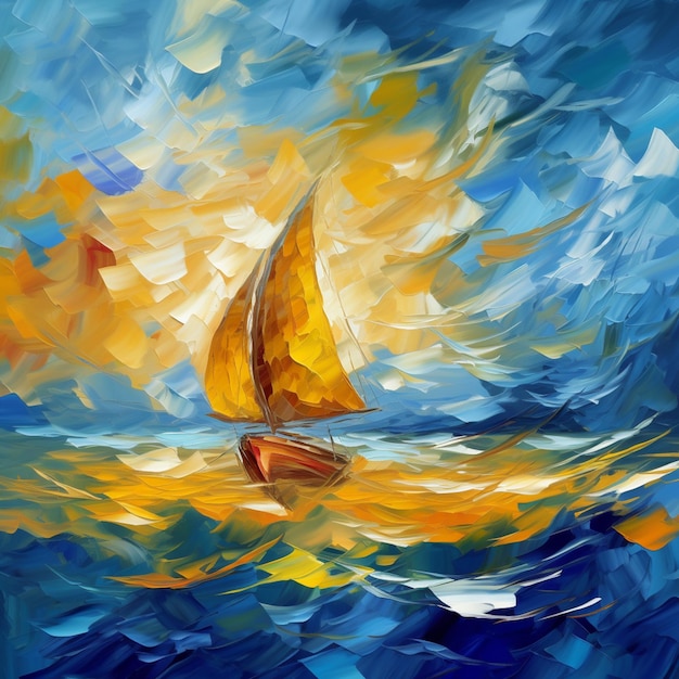 A painting of a sailboat with a yellow sail on the ocean.