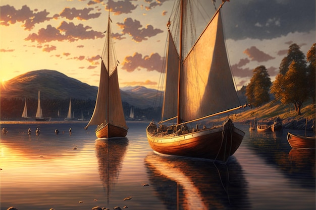 Painting of sailboats on a lake at sunset generative ai