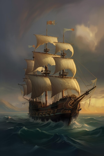 海に浮かぶ帆船の絵 AI生成画像