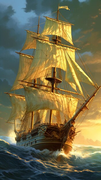 painting of a sailing ship in the ocean at sunset generative ai