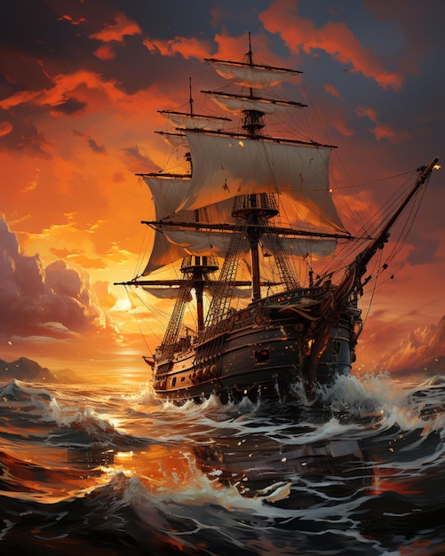 Картина парусного корабля в океане при заходе солнца