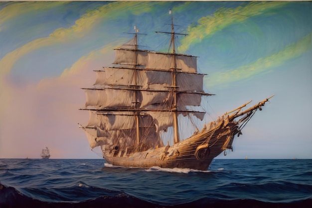 A Painting Of A Sailing Ship In The Ocean