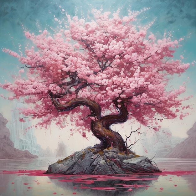 Painting of a sakura tree with pink flowers on it generative ai