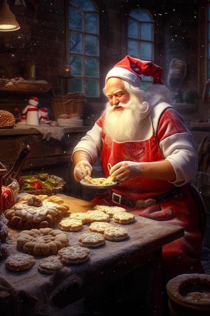 A painting of santa baking dough in a kitchen.