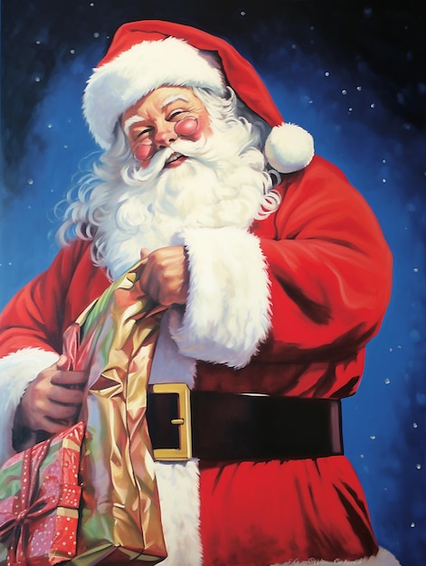 Photo painting of santa claus holding a christmas present in his hand generative ai