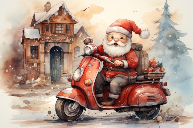 A painting of a santa claus riding a scooter generative ai