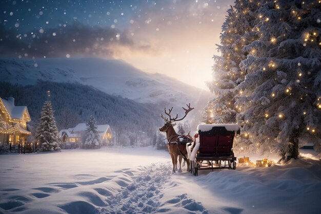 A painting of a santa claus and a sleigh with christmas lights on it