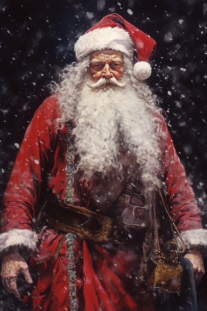 A painting of santa claus in a snowy scene