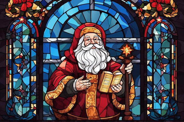 Painting of Santa Claus in Stained Glass Illustration