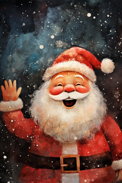 painting of a santa claus waving his hands in the snow generative ai