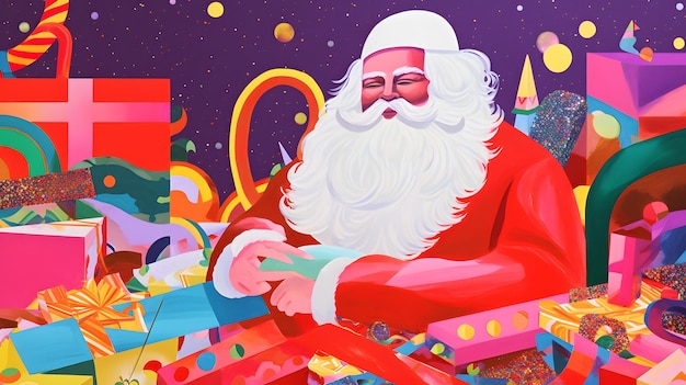 A painting of santa claus with a purple background.
