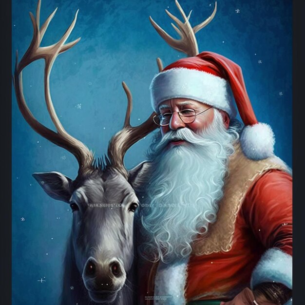 Painting of santa claus with reindeer and reindeer like animal generative ai