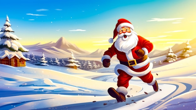 Painting of santa running through snow covered field with mountains in the background generative ai