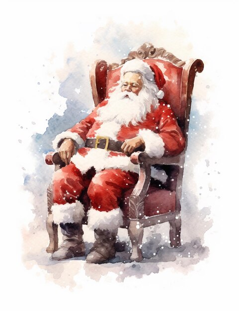 산타가 지이와 모자를 들고 의자에 앉아 있는 그림