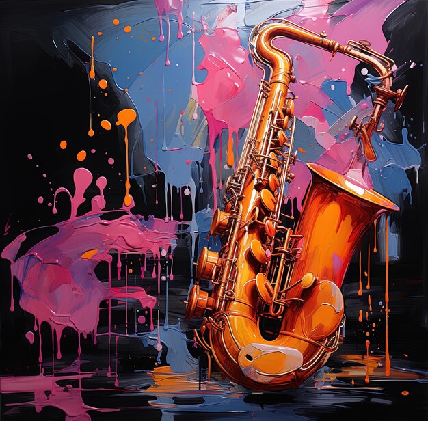 Photo a painting of a saxophone and the word saxophone