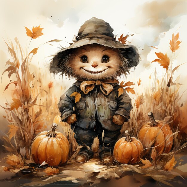 painting of a scare cat in a hat and scare cloth with pumpkins generative ai