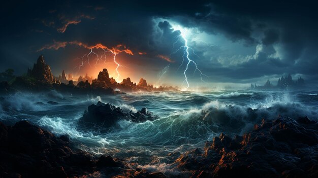 A painting scene of a lightning storm over the ocean and a rocky coastline nature beauty