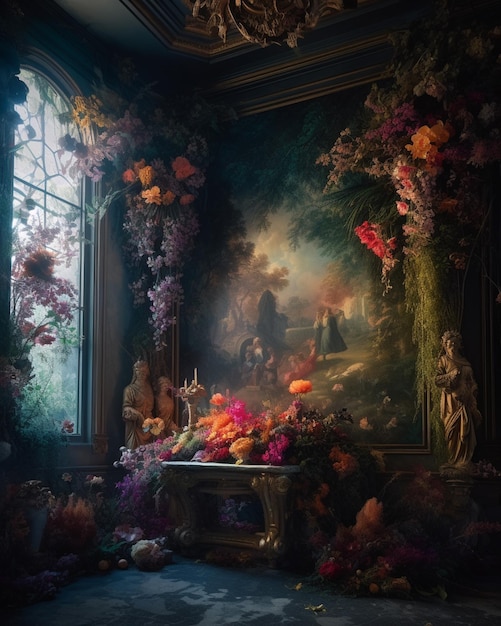 Картина сцены с цветами и картина женщины в саду.