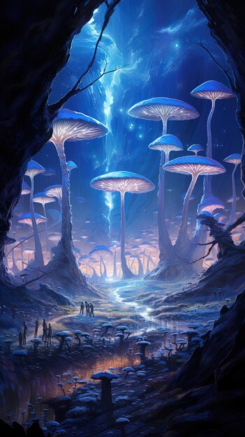 a painting of a scene with mushrooms and a blue sky