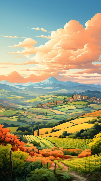 田舎の風光明媚な景色を描いた絵画 田舎のインクドローイング絵画