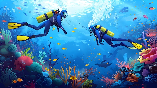 a painting of scuba divers swimming in a coral reef with a diver and scuba divers