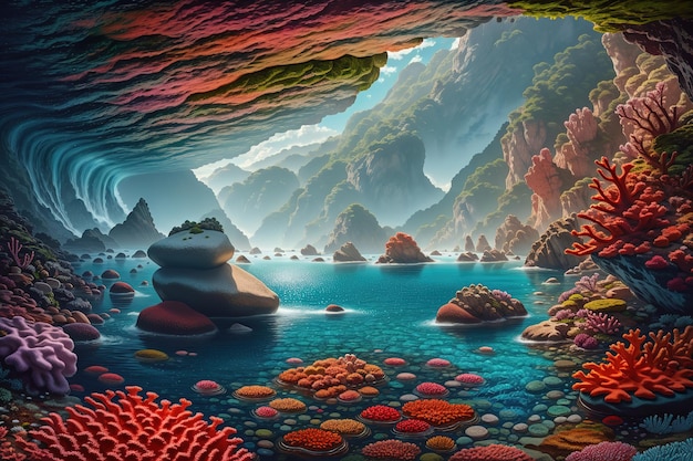 A painting of a sea cave with a colorful scene and rocks.