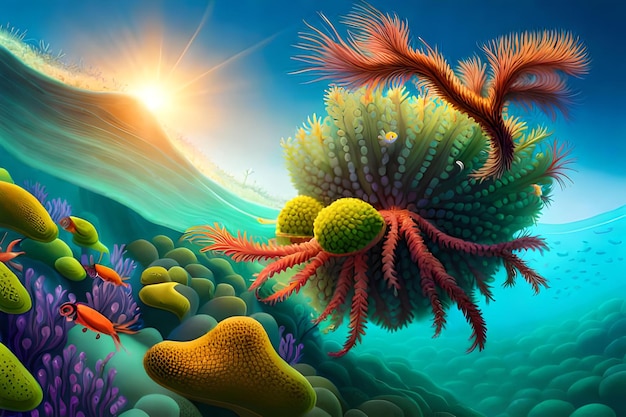 A painting of a sea creature with a bright blue background and the sun shining on the bottom.