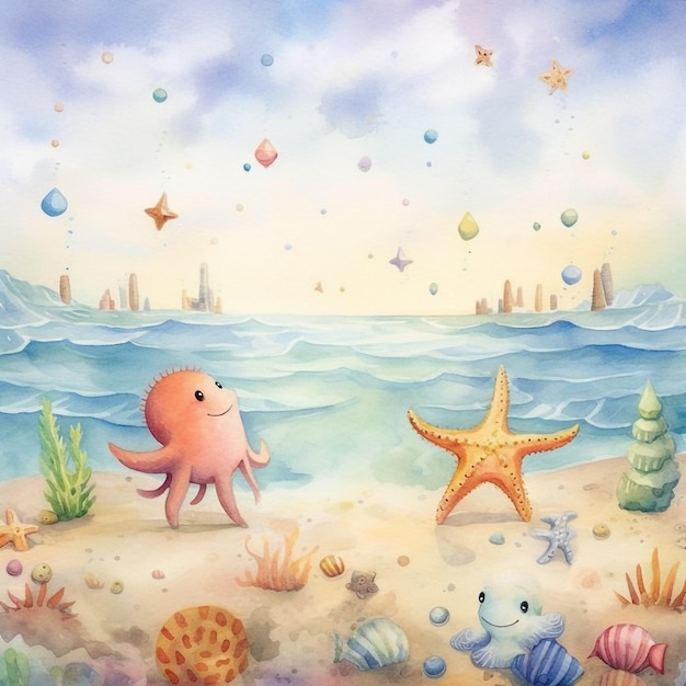 A painting of a sea creature with a starfish on the beach.