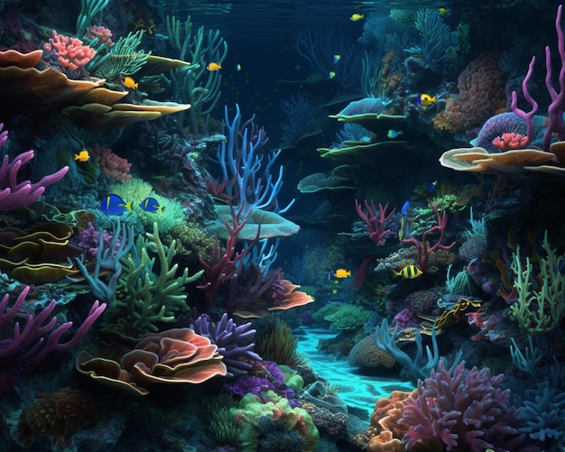 A painting of a sea of fish and plants