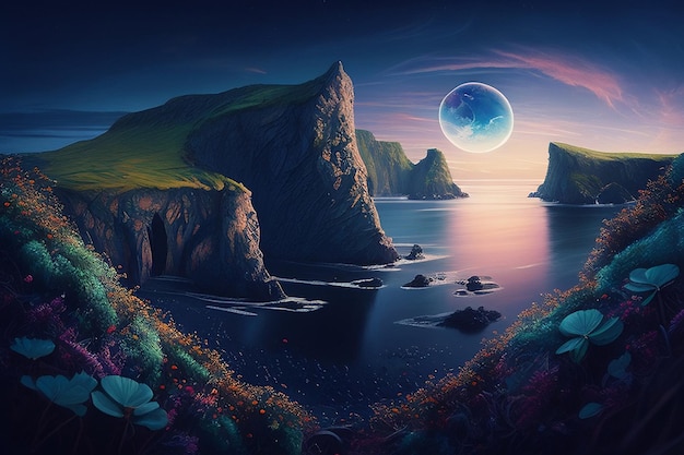 A painting of a sea landscape with a moon and mountains in the background.